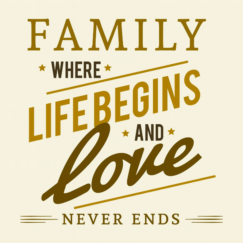 Typographic print reading Family, where life begins and love never ends