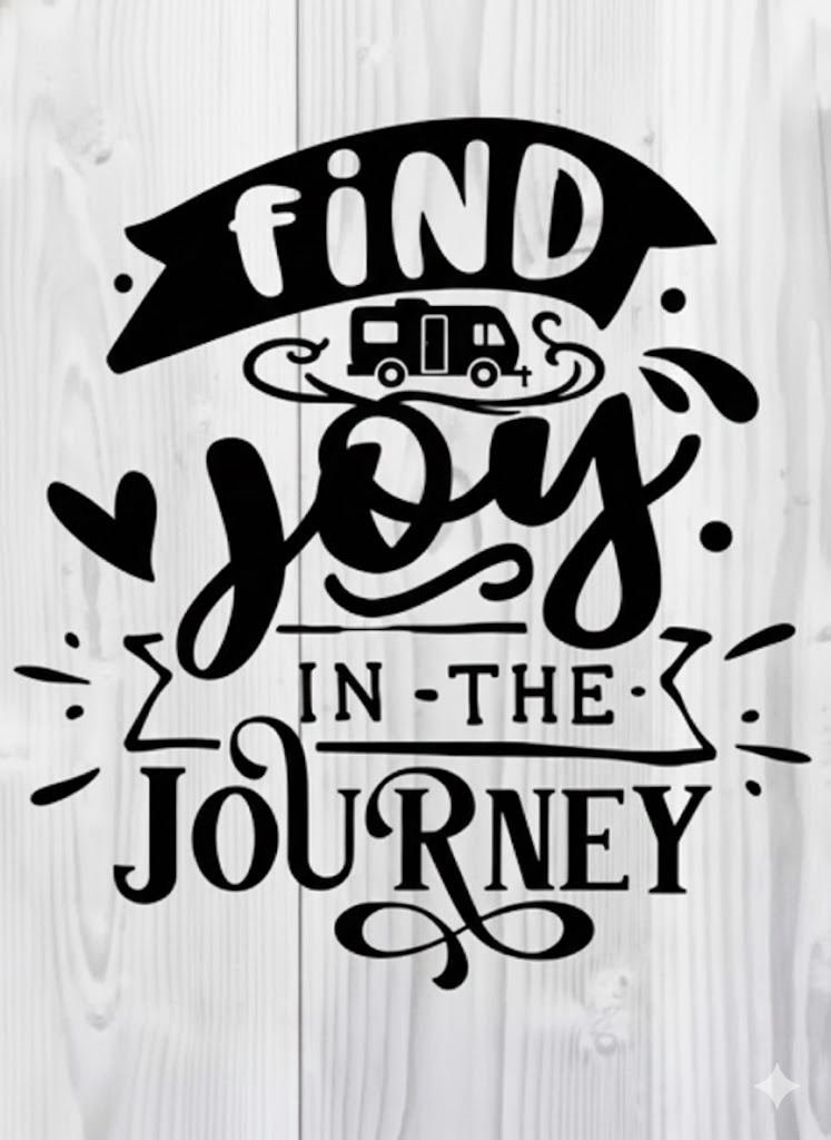 Hand-lettered sign reading Find Joy in the Journey with an RV illustration